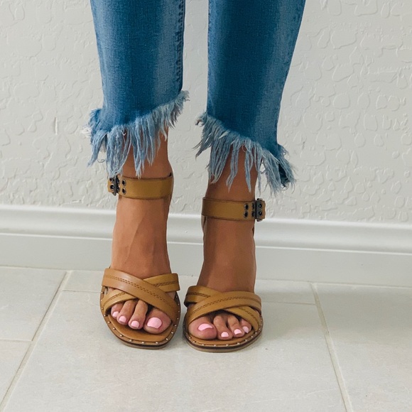 Tan Leather Mini Studs Block Heel Buckle Sandal - Picture 6 of 8